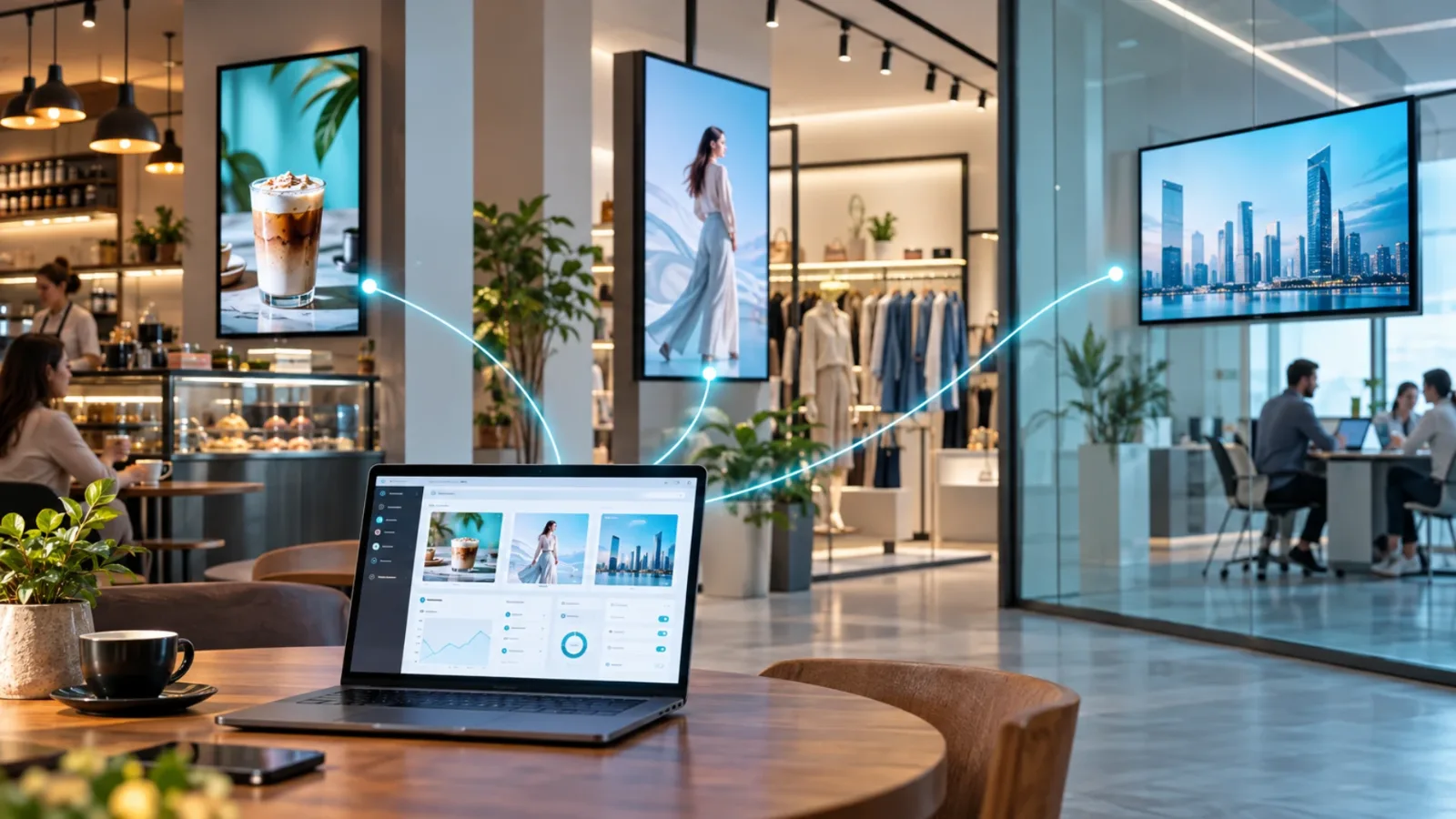 Cloud digital signage concept with business screens managed from the cloud