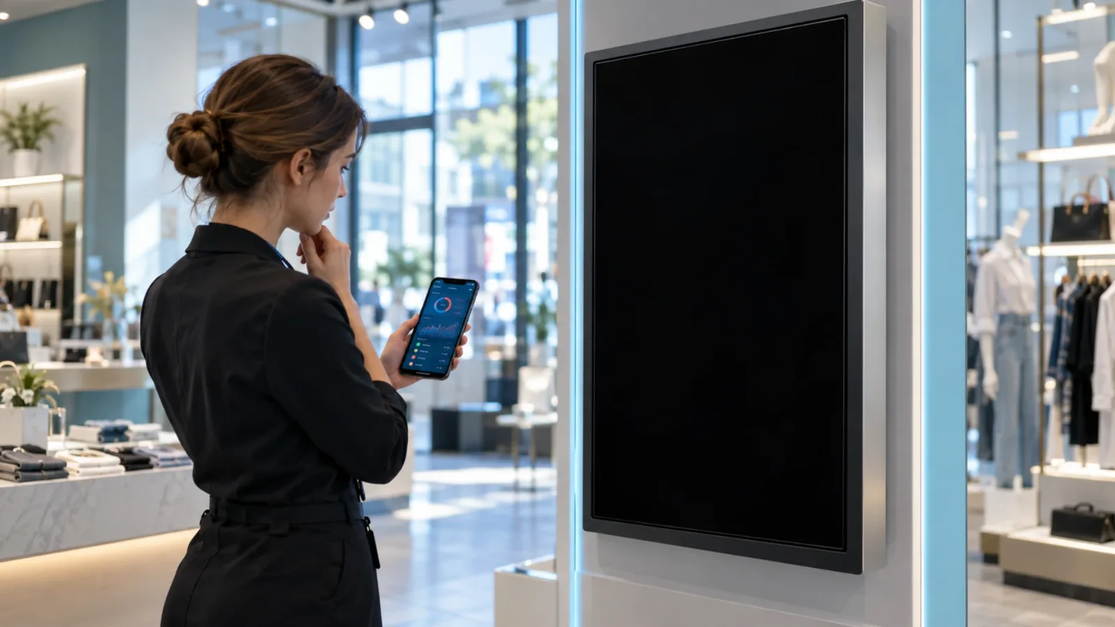 Black digital sign screen in a retail store being diagnosed and fixed