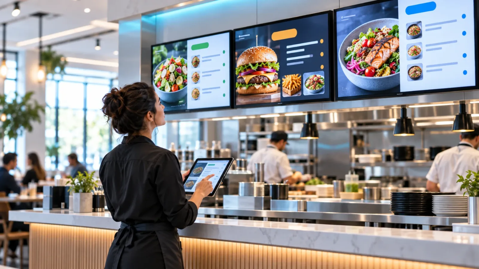 Restaurant digital menu screens above a counter managed from one platform