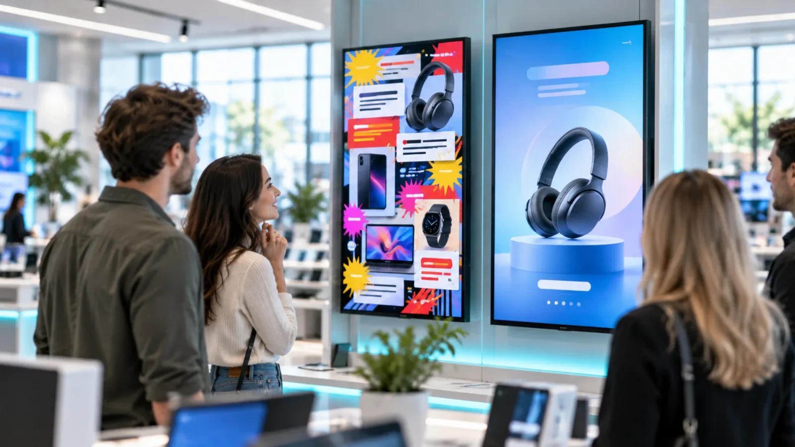 Digital signage screen in a store showing cluttered content that customers ignore