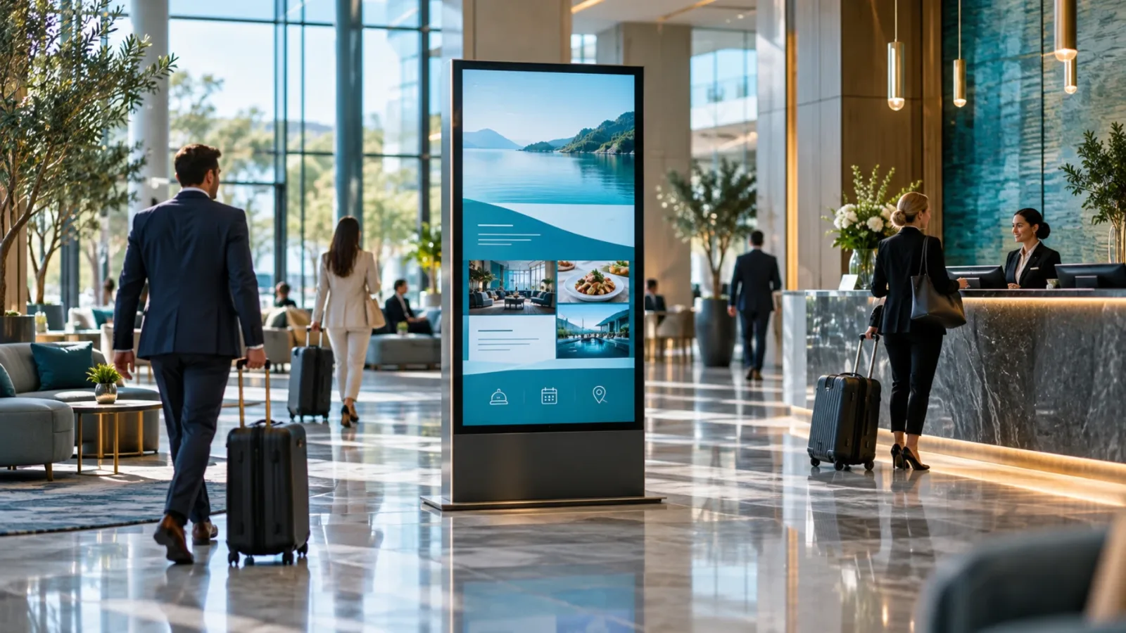 Hotel lobby digital signage screen showing guest information and events