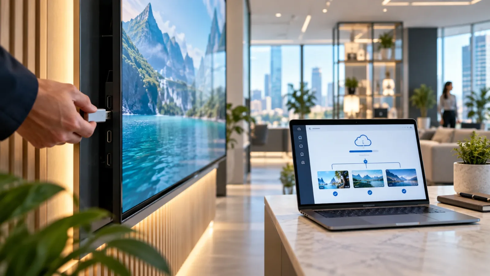 Digital signage dashboard on a laptop compared with manual USB screen updates